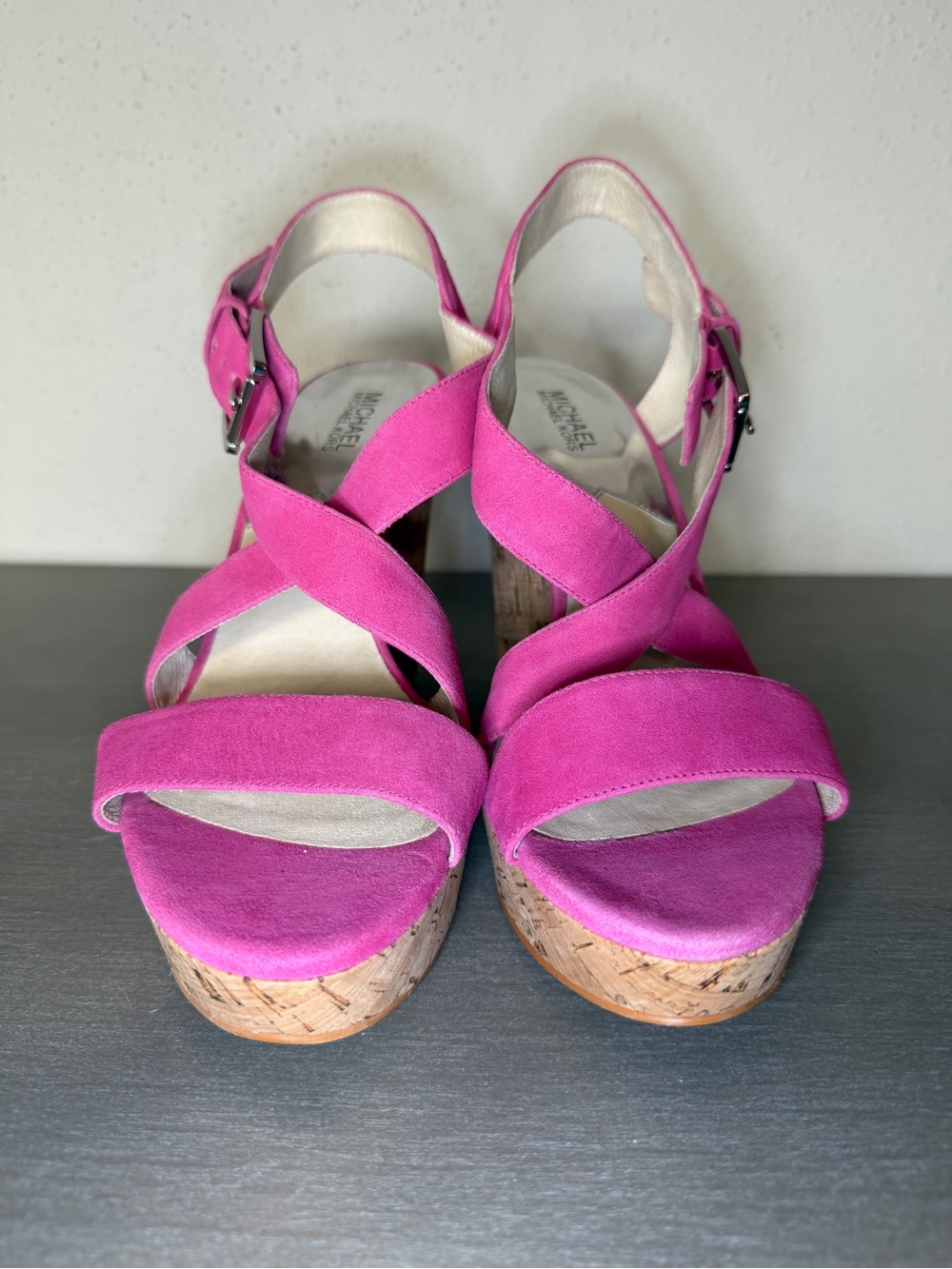 Michael Kors Pink Suede Cork Platform Wedge Heels Women’s Size 11M New - Picture 5 of 9